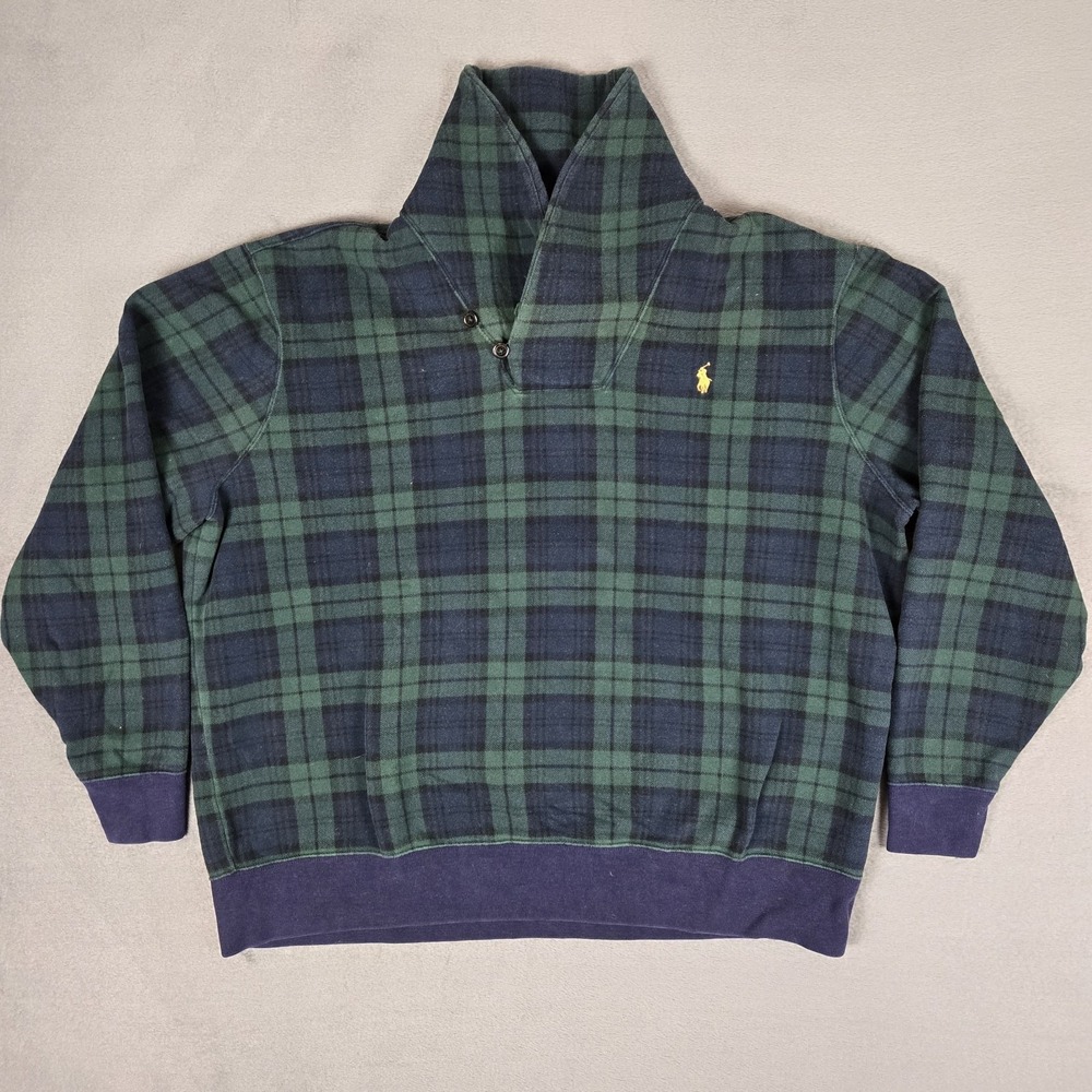 Polo Ralph Lauren Sweater Mens 2XL Green Tartan Plaid Shawl Collar Pullover